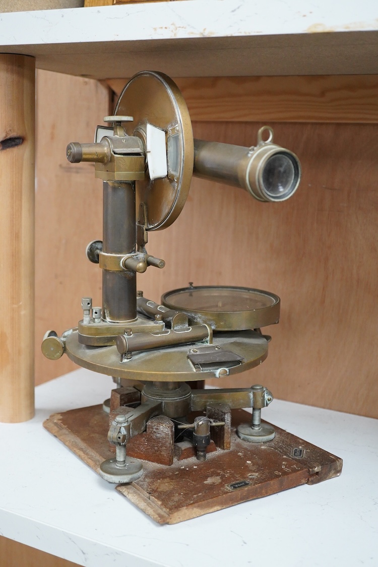 A late 19th century German brass theodolite by Hildebrand, Freiberg, serial number engraved to the centre of the compass, no. 53438, 32cm high